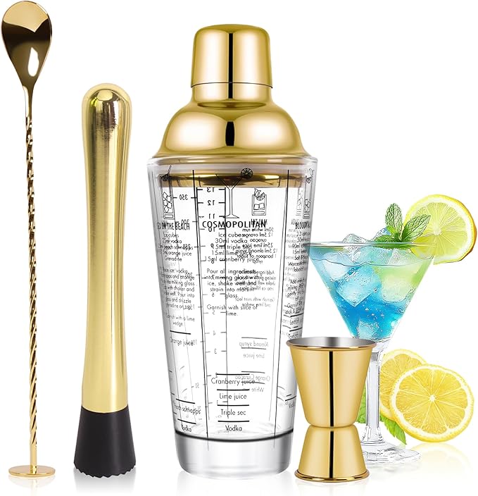 SAVORLIVING 14oz Glass Cocktail Shaker Set, 4PCS Bartender Kit, Martini Mixer Shaker with Built-in Strainer, Mixing Spoon,...