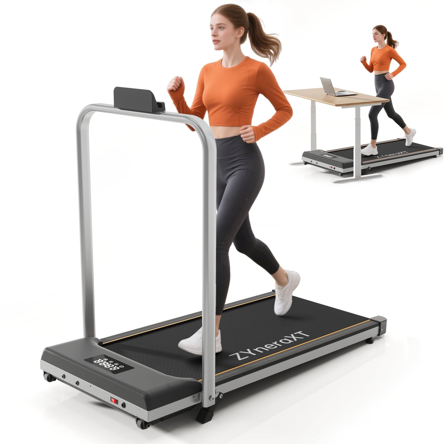 Foldable Walking Pad Treadmill, 2.0HP Motor, LED Display, 220 Lbs Capacity, Ultra-Slim 2-in-1 Design with Remote Control, 0-8% Incline, Quiet Under Desk for Home Office (W3-110-US) (with Handrail)