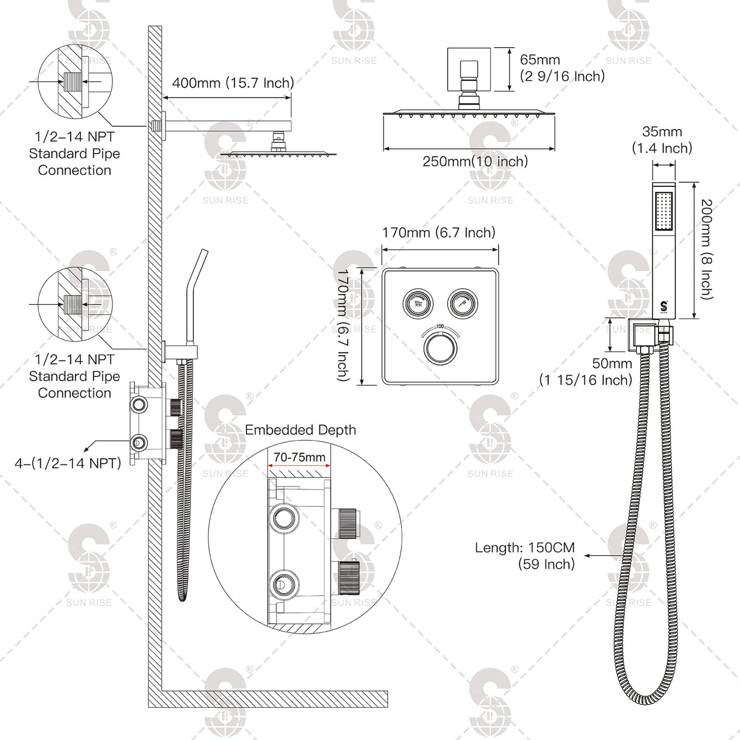 SR SUN RISE 100℉ Thermostatic Shower System,10" Luxury Rainfall Shower Head and High-Pressure Handheld Bathroom Shower Faucet Set,Shower Valve and Trim Kit Included (Matte Black)
