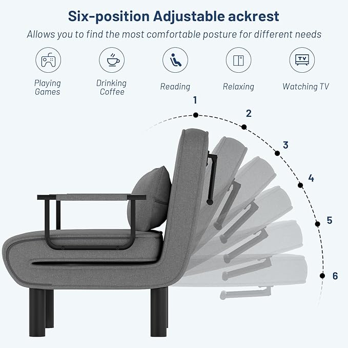Furniliving 4 in 1 Folding Sofa Bed Chair, Convertible Sleeper Chair Bed with 6-Position Adjustable Backrest, Upholstered Chaise Lounge with Pillow, Accent Chairs for Bedroom, Linen, Darkgrey, 2