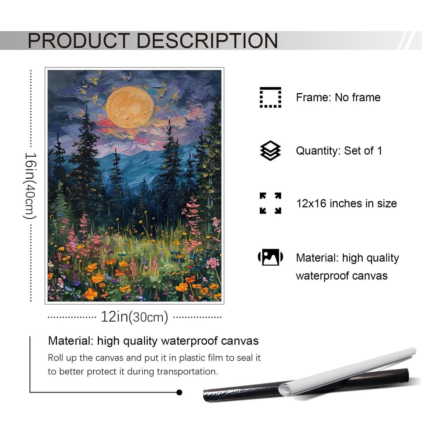 Yuaruo Vintage Full Moon Above The Wildflowers Nature Posters, Mystical Midnight Woodland Canvas Wall Art Print, Retro Flowers and Trees Oil Painting, Dark Forest Landscape 12x16in Unframed