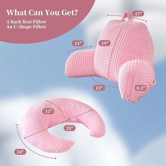 PAJEO Reading Pillow for Bed,U Shaped & Back Support Pillow for Bed,17" Backrest with Lumbar & Arm Support,Comfy Flannel Fabric,Lap Pillow for Gaming/Reading/Watching TV,Pink