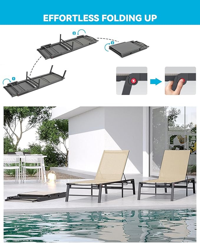 FHVIT Chaise Lounge Chair Outdoor Aluminum Patio Lounge Chair with 5 Adjustable Positions Folding Pool Lounge Chairs Assemble-Free Beach Lounge Chair for Patio, Pool, Indoor and Outdoor Flaxen