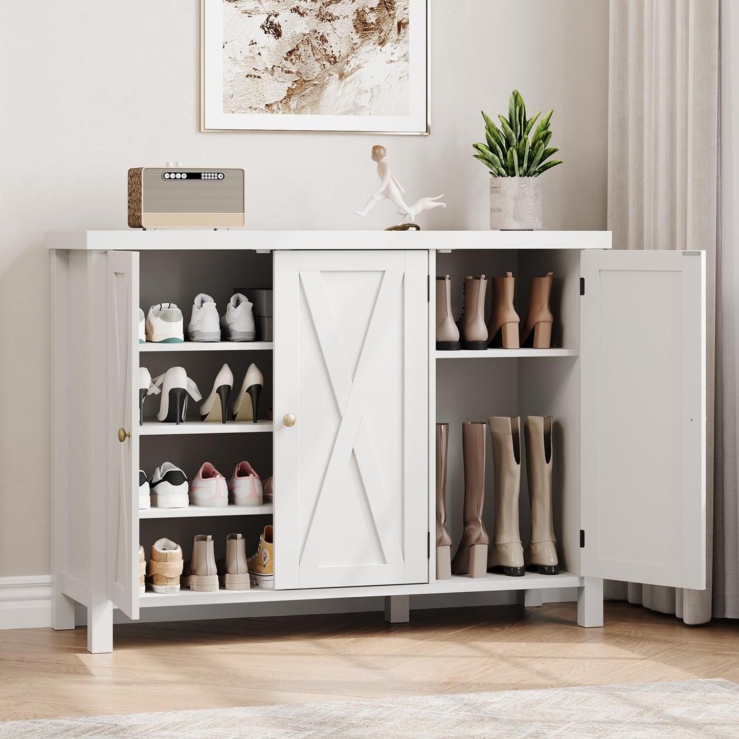 GarveeHome Shoe Cabinet with Doors, Farmhouse 35'' Shoe Storage Cabinet, 4-Tier Entryway Shoe Storage, Large Shoe Organizer Cabinet for Living Room Hallway, White