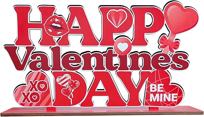Valentines Day Table Decorations for Home Wood Decor 11.8x6.5inch Red Happy Valentines Day Centerpieces for Table Red Lip ...