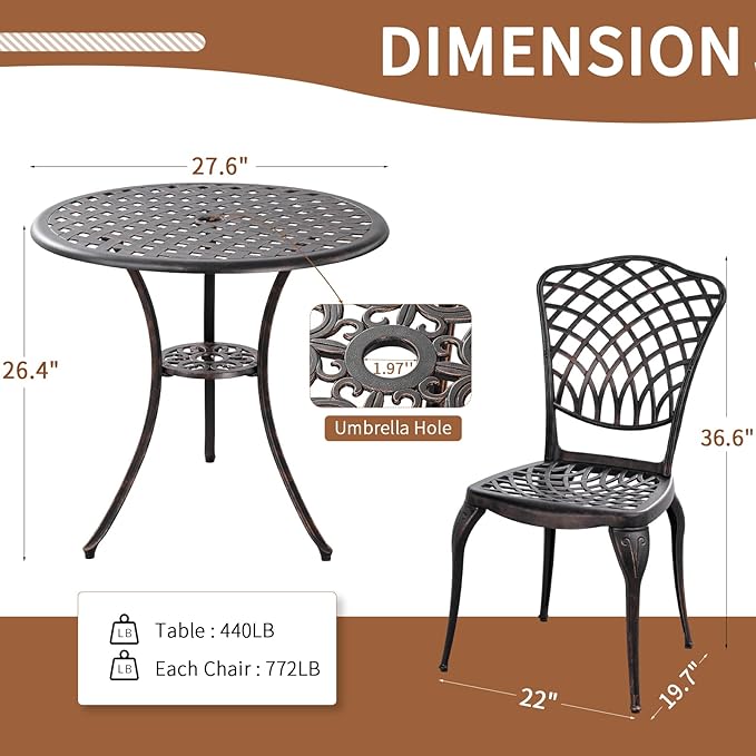 Withniture Bistro Set 3 Piece Outdoor Cast Aluminum Patio Bistro Set with 1.97” Umbrella Hole, Patio Table and Chairs Set of 2 Metal Furniture Set for Porch, Yard, Bronze