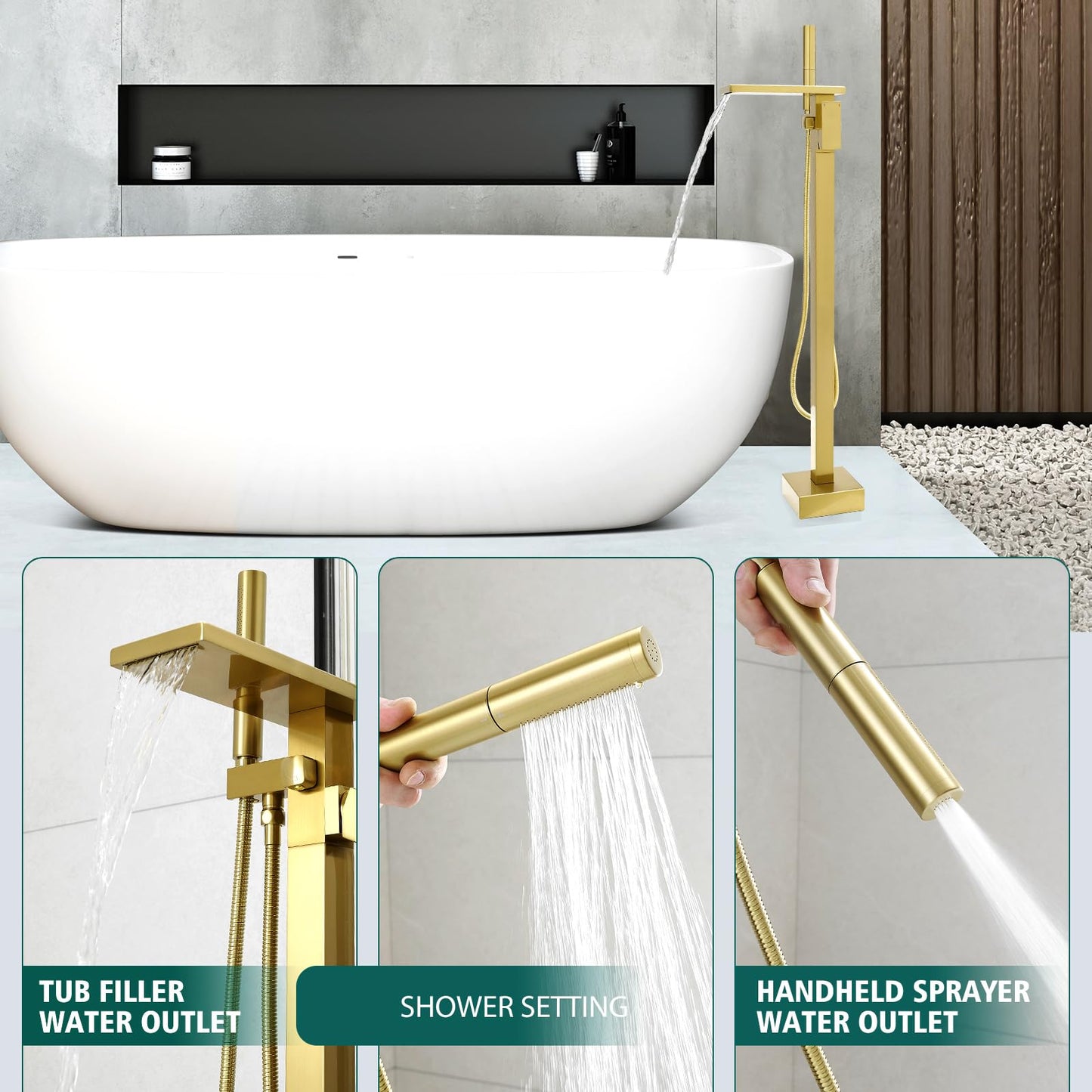 Hoimpro Tub Filler Freestanding Bathtub Faucet Brushed Gold Floor Mount Tub Faucet Waterfall Bathtub Filler with CUPC Certified High Flow Brass Bath Shower Faucets with Handheld Sprayer