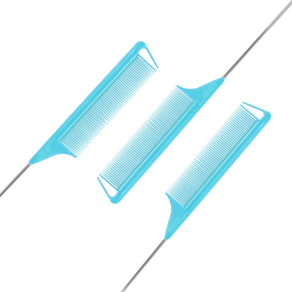 Long Steel Pin Rat Tail Combs Set: 3 Pieces Teasing Hair Combs for Salon Stylists - Includes Metal Parting Combs for Women (Blue