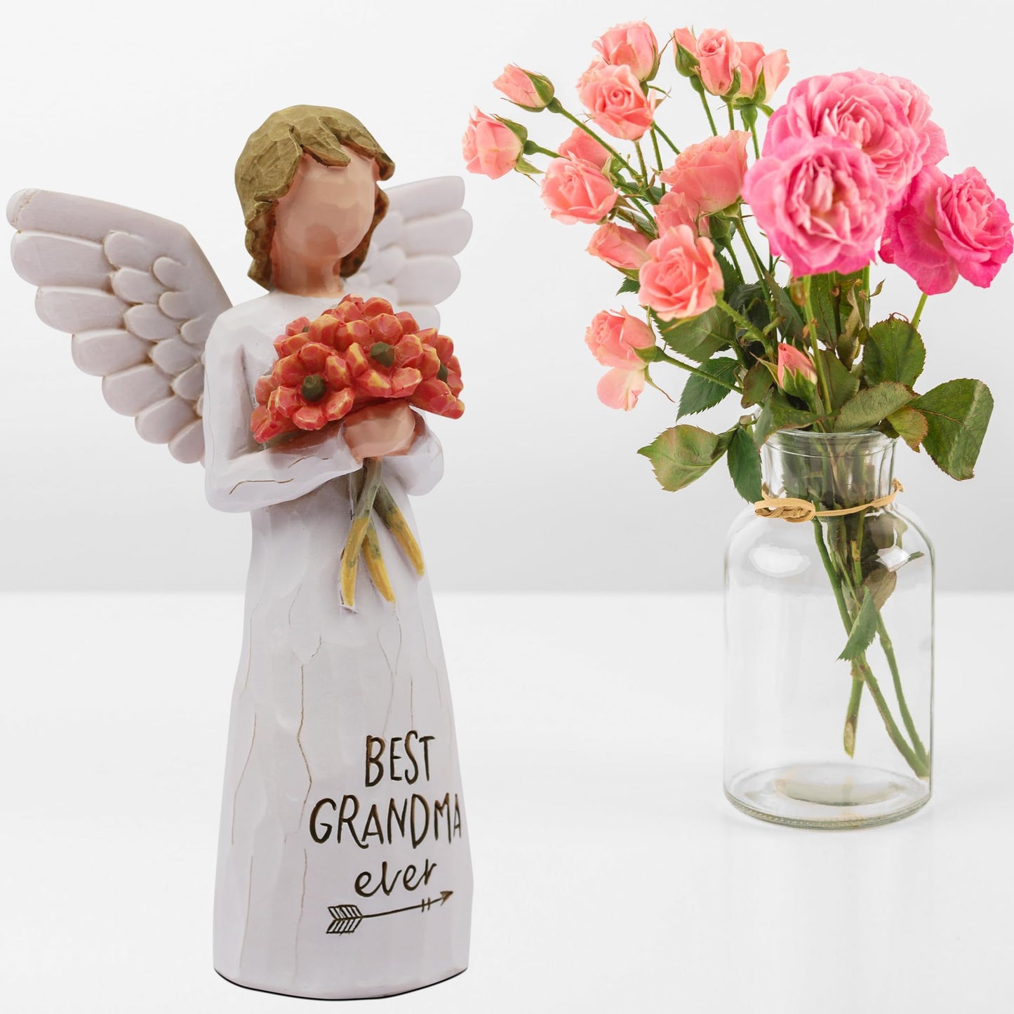 AUKEST Grandma Gifts for Birthday Mothers Day, New Grandma Gifts, Gift for Grandma, Grandmother Gifts, Best Grandma Gifts, Sculpted Hand-Painted Figure (Red-Orange Flowers)