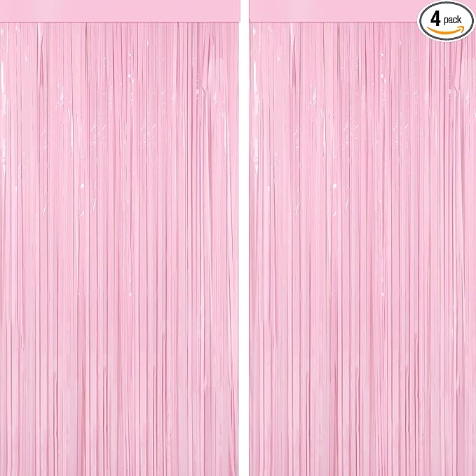 4 Packs Pastel Pink Foil Fringe Curtain, Baby Pink Metallic Tinsel Backdrop for Birthday, Wedding, Baby Shower, Princess B...