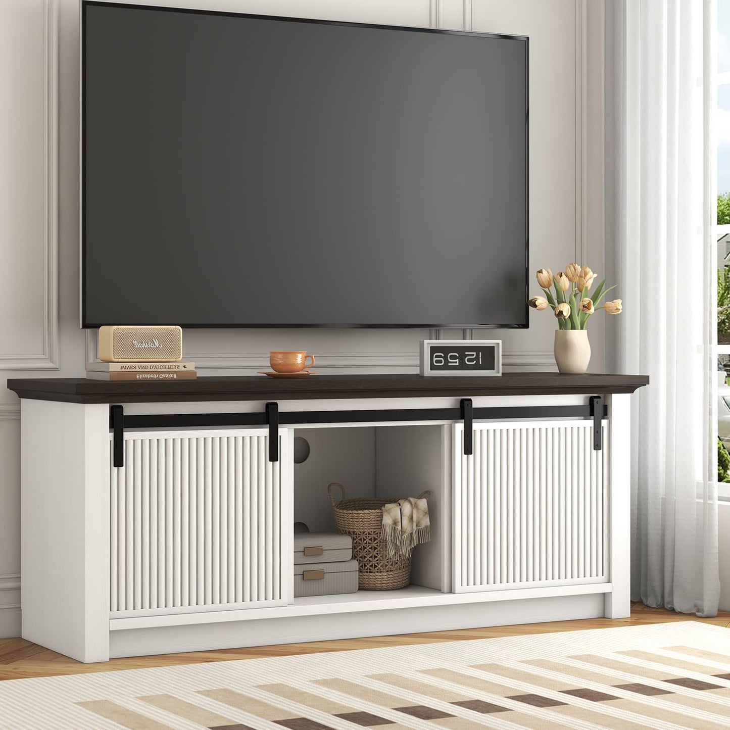 UNIQUITE TV Stand for 60 Inch TV, Fluted Modern Entertainment Center with Sliding Door and Storage Cabinets, TV Console for Living Room & Bedroom (White)