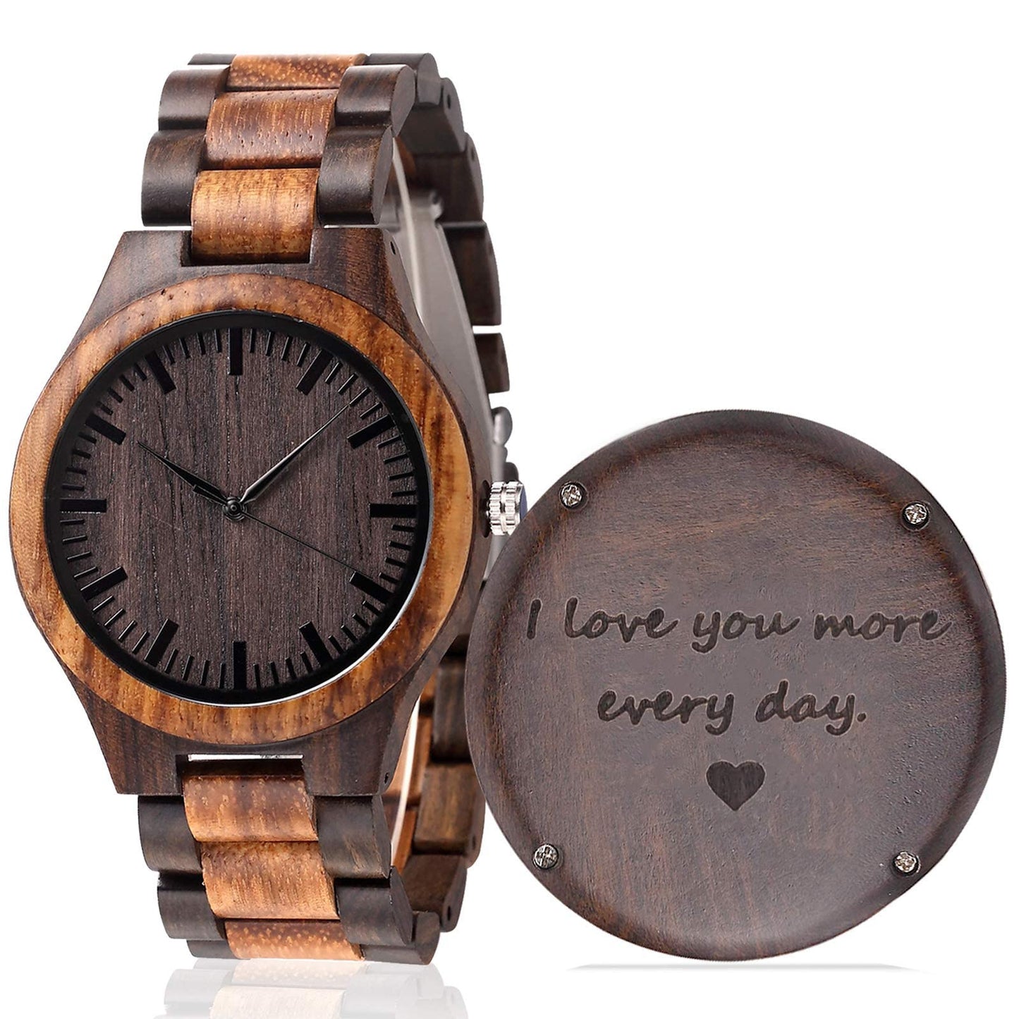 Fodiyaer Engraved Wood Watch for Boyfriend Men Husband Him As Personalized Anniversary Christmas Birthday Father Day Wooden Gifts Idea, Brown, I Love You More Every Day