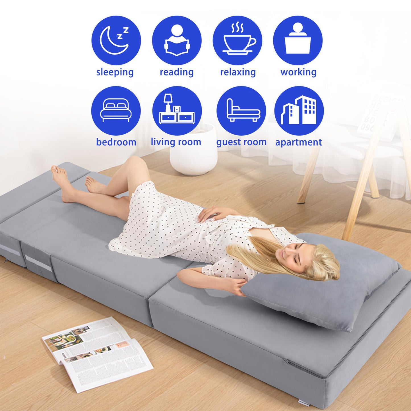 MeMoreCool Foldable Futon Chair Bed Sleeper for Adults, Single Folding Mattress 6 Inch, Fold Out Couch Bed with Pillow, Convertible Foam Floor Sofa Sleeping Tri Fold Mattress Chair (Grey)