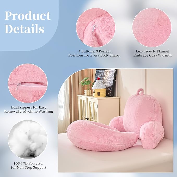 PAJEO Reading Pillow for Bed,U Shaped & Back Support Pillow for Bed,19" Backrest with Lumbar & Arm Support,Luxurious Faux Rabbit Fur,Gaming PillowFor Crochet/Reading/Watching TV,Pink