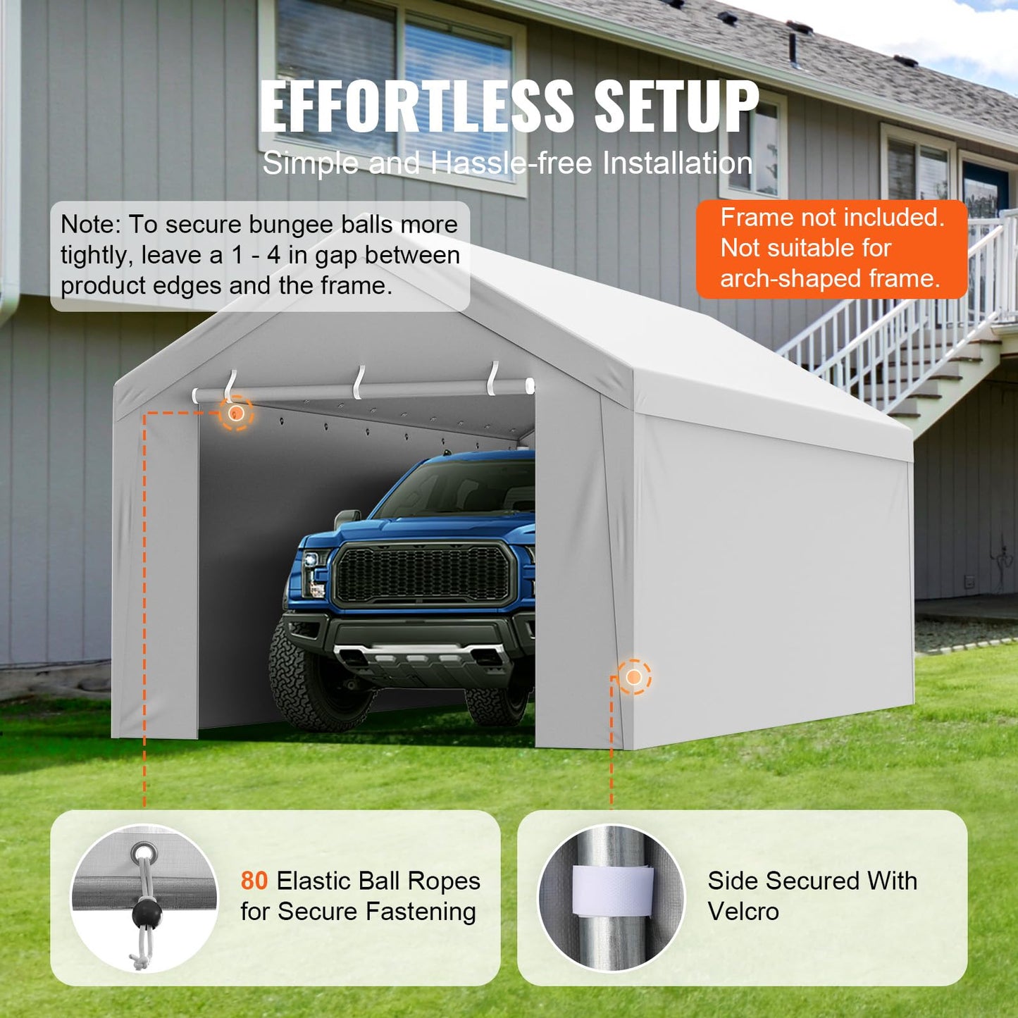 VEVOR Carport Replacement Canopy Cover Top + Side Wall 10 x 20 ft, Garage Tent Shelter Tarp Heavy-Duty Waterproof & UV Protected, Easy Installation with Ball Bungees,Grey (Frame Not Included)
