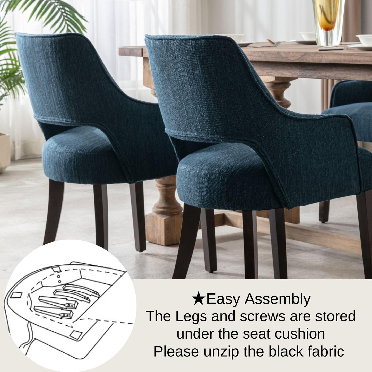 DM Furniture Linen Dining Chairs Set of 4 Upholstered Accent Chairs Side Chair with Wood Legs for Living Room/Dining Room/Bedroom/Restaurant, Blue