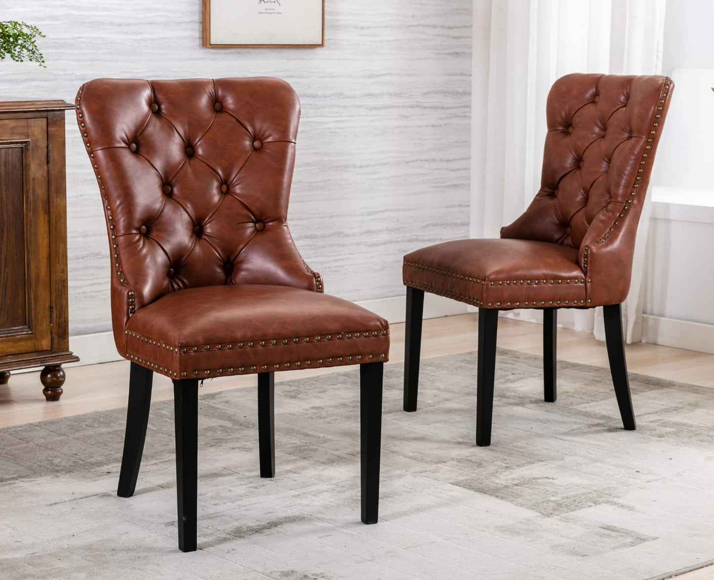 EALSON Modern Dining Chairs Set of 2 Mid Century Leather Dining Room Chairs with Wood Legs Tufted Upholstered Kitchen Side Chairs with Nail Head Trim for Dining Room/Living Room, Brown with Ring