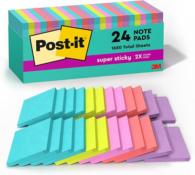 Post-it Super Sticky Notes, 24 Sticky Note Pads, 3 x 3 in., Ideal for Organization in Your Dorm, Home or Office, 2X The St...