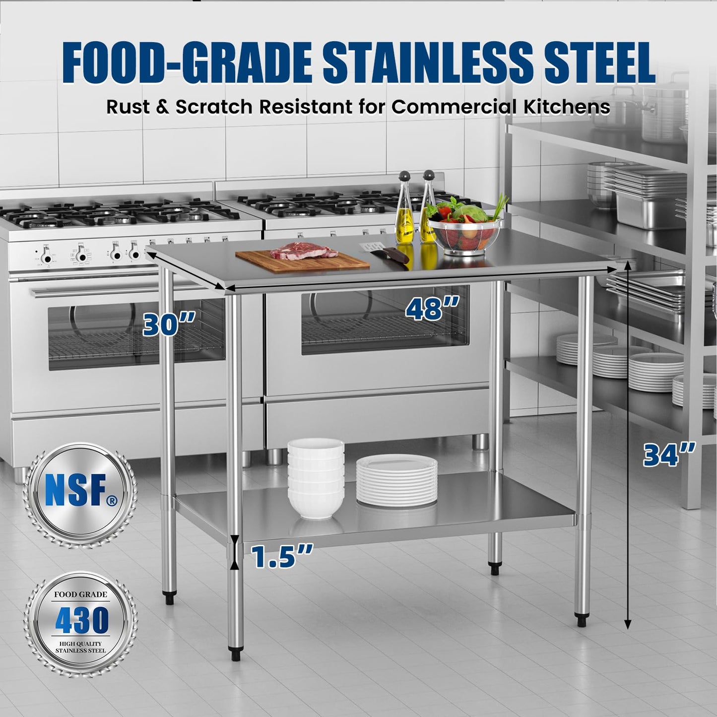 Chingoo Stainless Steel Work Table 30 x 48 Inch with Adjustable Undershelf, Heavy-Duty Metal Prep Table for Commercial Kitchen & Restaurant, Garage, Outdoor