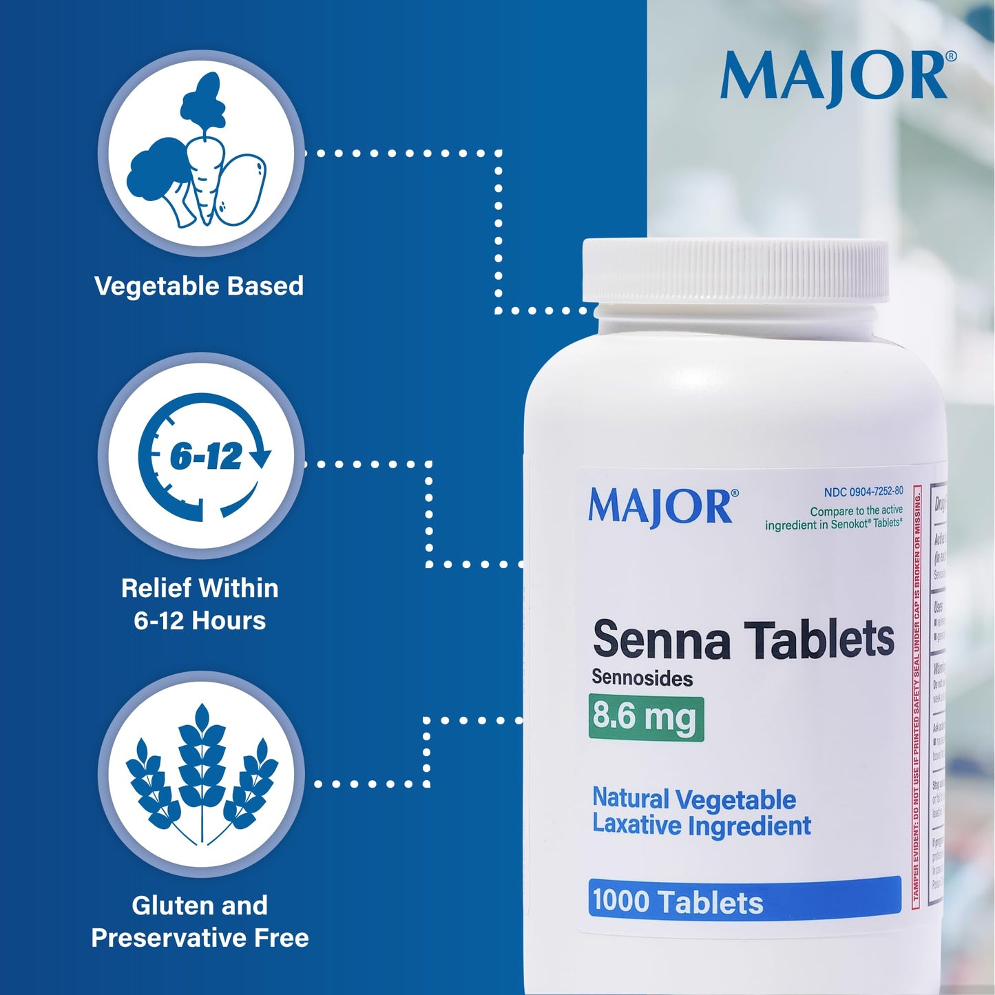 MAJOR Senna 8.6 mg Natural Vegetable Laxative Tablets - Made with Sennosides - 1000-Count (1-Pack)