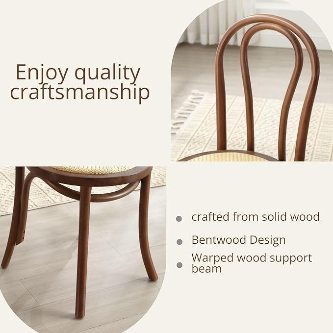 DM Furniture Walnut Dining Chairs Set of 6 Mid-Century Modern Rattan Desk Chairs with Backrest, Armless Bentwood Bistro Chairs for Dining/Kitchen Room,Home No Assembly Required, Walnut Wood