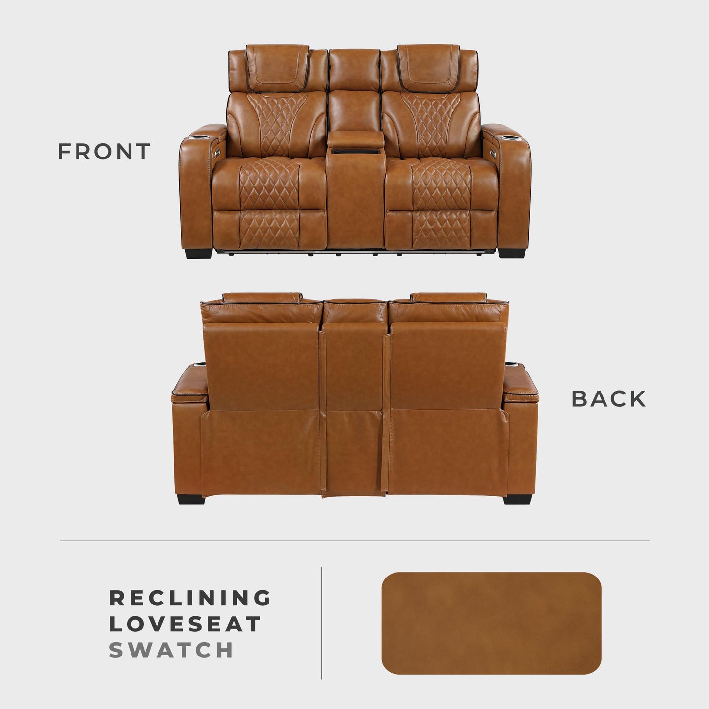 Lexicon Power Double Reclining Loveseat, Center Console/Heat/Massage/Headrest/Storage Arms/Cup Holders/LED Lights/Wireless Charging, Top Grain Leather Match Wall Hugger Recliner Loveseat, Brown