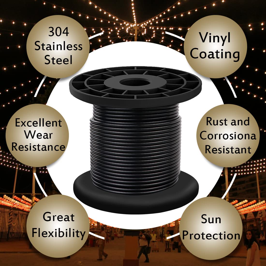 304 Stainless Steel Wire Rope Cable 3/32, Black Vinyl Coated - Outdoor Light Guide Wire for String Lights, Clotheslines - 1/16 Inch Overmolded to 3/32 Inch, 100ft