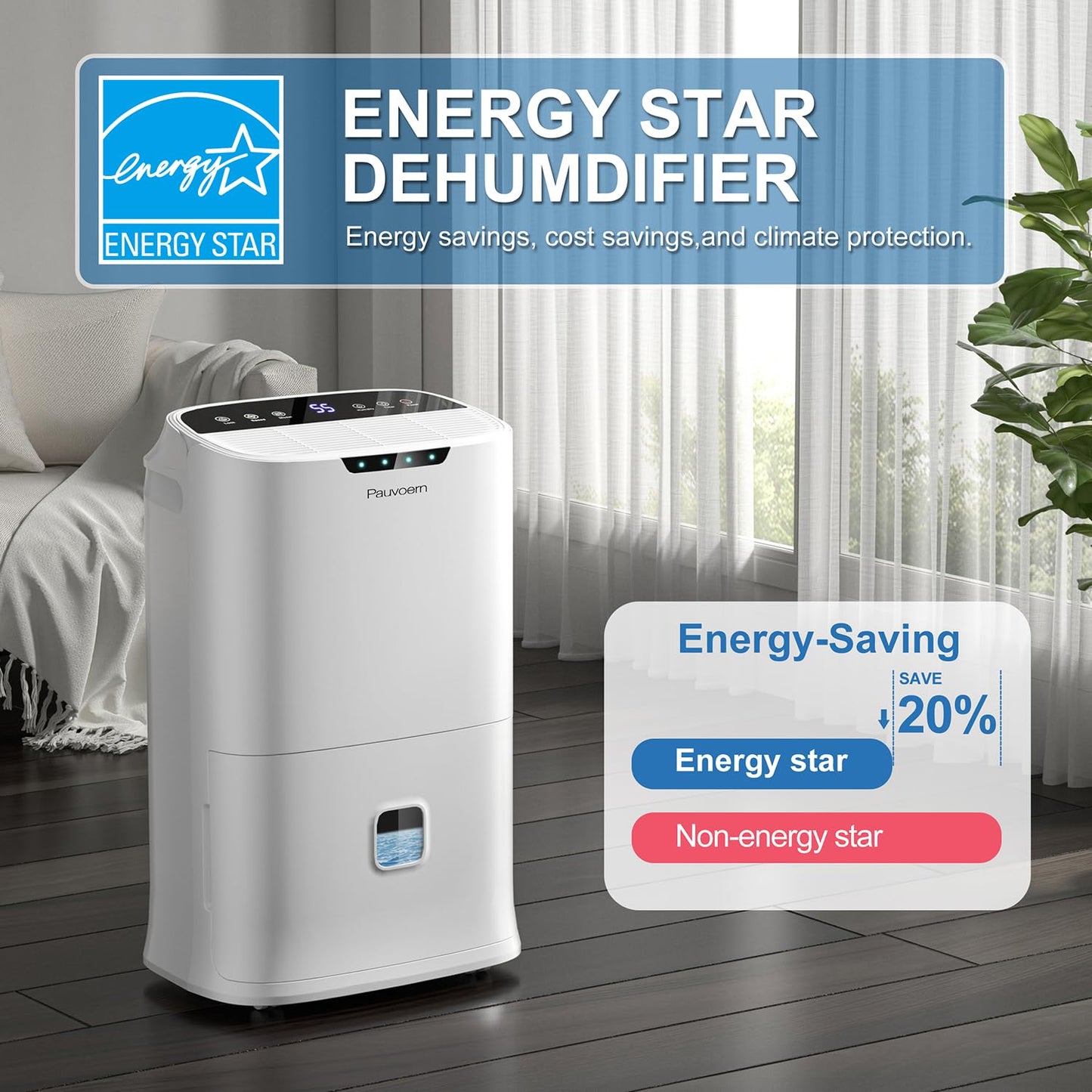 Pauvoern Energy Star 2024 Dehumidifier for Basement & Home, Up to 5500 Sq. Ft, 90 Pint Smart Wi-Fi Control, 1.45 Gal Tank with Drain Hose, 3 Modes, Auto Defrost, Timer & Child Lock