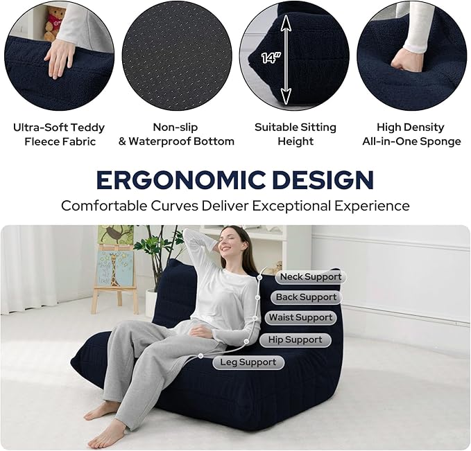 HABUTWAY Bean Bag Chairs Fireside Lazy Floor Sofa, Soft Teddy Fleece 2 Seater Sofa with High-Resilience Foam Filling，Beanbag for Living Room, Bedroom, Office (Navy Blue Teddy)