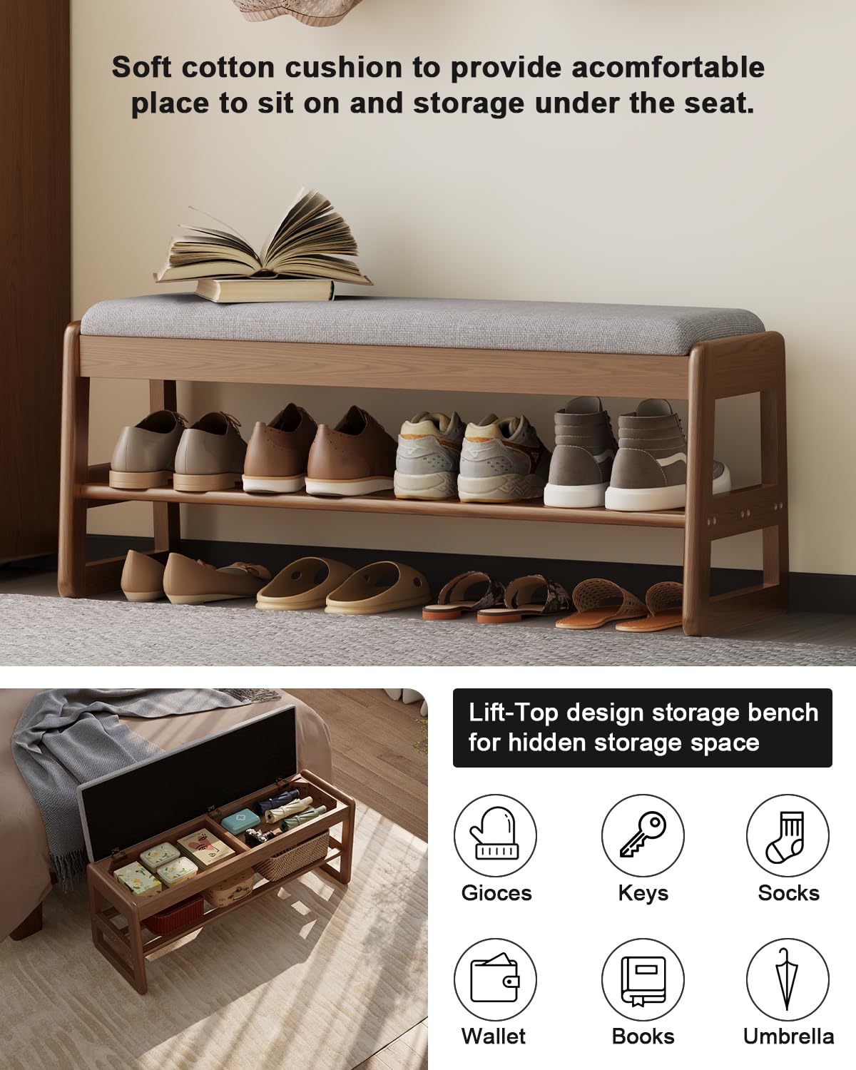 AQIMUELE Shoe Rack Bench with Cushion, 2 Tiers Shoe Bench with Flip-Top Storage,Wood Shoe Rack for Entryway,Hallway（Walnut,39.3"）