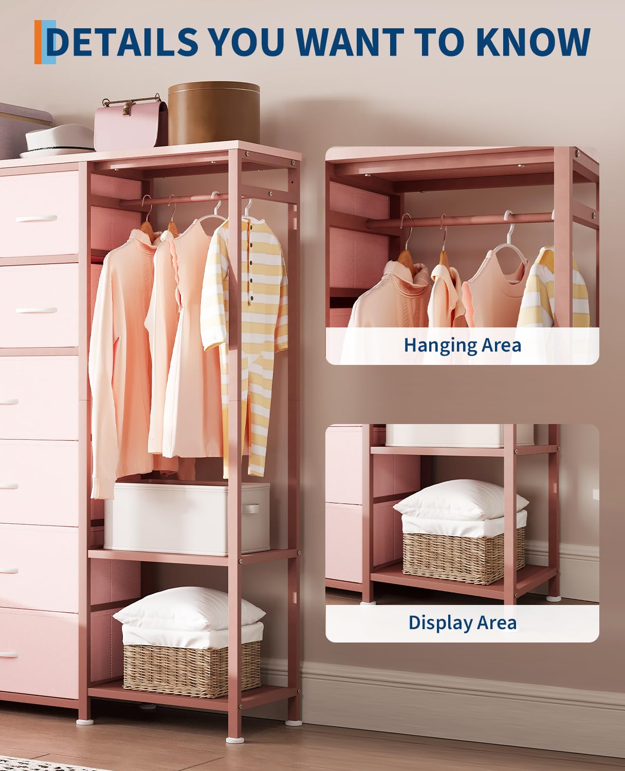 Jojoka Wardrobe Closet, Clothes Rack with 16 Fabric Drawers, Portable Closet Wardrobe with 2 Shelves and Hanging Rod, Heavy Duty Garment Rack, Storage Organizer