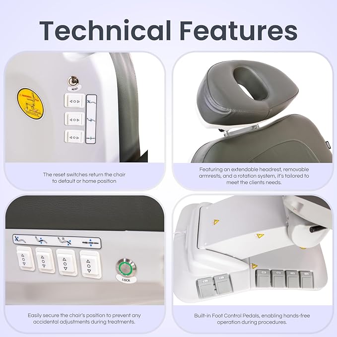 Premium Facial Bed for Esthetician, Electric Med Spa Chair with 120° Rotation, Built-in Foot Controls, Medical-Grade Microfiber, 2-Year Warranty, Memory Functions - 2246EBM, Light Gray