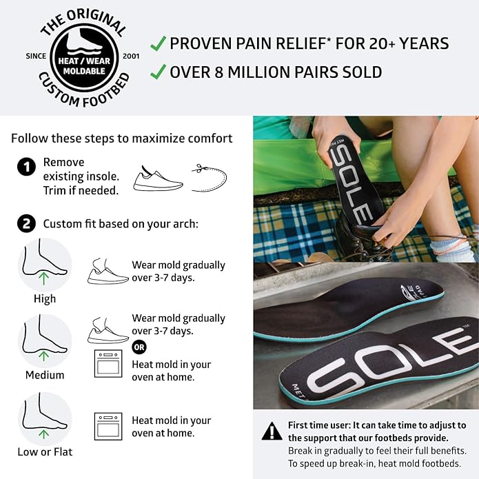 SOLE Active Thick Insoles - Custom Moldable Orthotic Support for Any Arch Type, Plantar Fasciitis Relief - Multiple Sizes