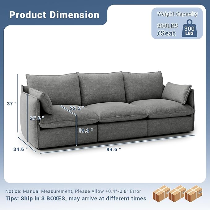 Lopzeho 94.6" Cloud Modular Sectional Sofa, Waterproof Down Filled Sectional Sofas, High Backrest 3 Seater Sectional Couches for Living Room, Modern Modular Couch with Removable Cover, Dark Gray