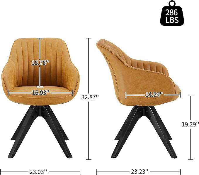 Art Leon Dining Chair, Mid Century Modern Faux Leather Upholstered Swivel Dining Room Chair with Wood Legs, Leisure Side Chair with Arms for Living Room, Yellow Brown