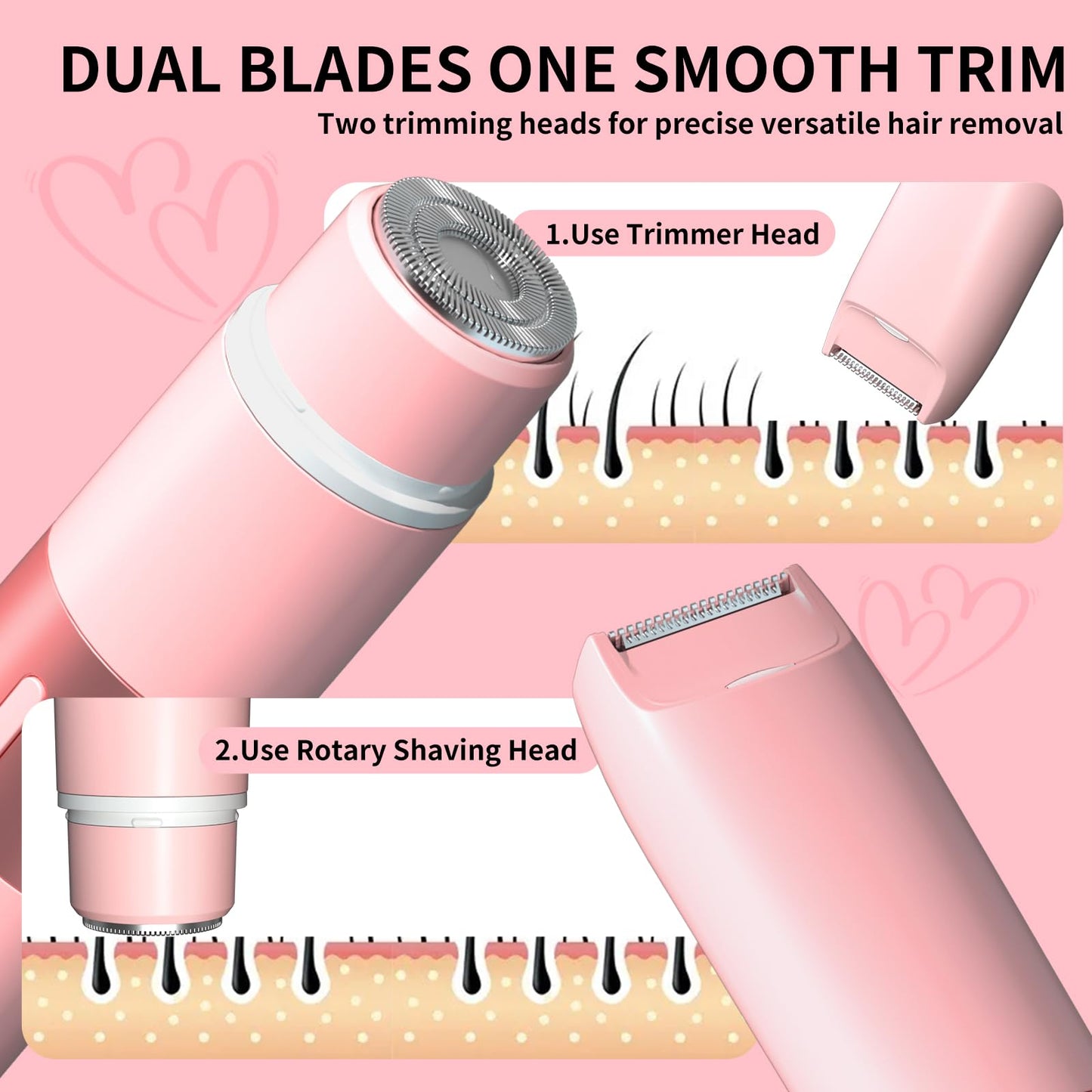 EVANULLE Bikini Trimmer for Women - 2 in 1 Painless Electric Razors for Women, IPX7 Waterproof Rechargeable LED Dual Head Electr