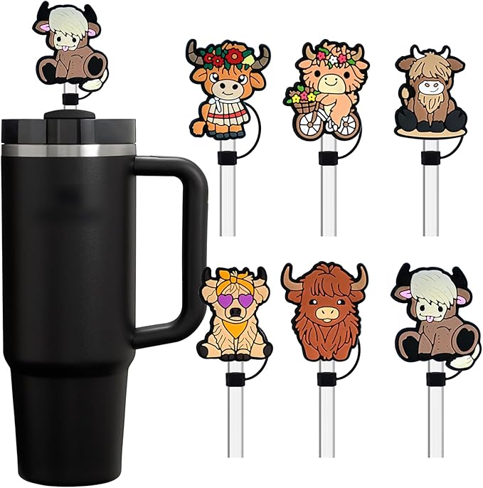 6 Pack Straw Toppers Compatible with Stanley Cup 40 oz Tumbler, Reusable Dust-Proof Silicone Highland Cow Straw Cover Caps - Western Style Water Bottle Accessories & Gifts for Her