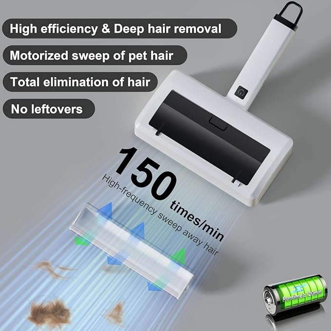 Electric Carpet Rake & Pet Hair Remover Tool - 5-Section Extendable Handle Motorized Dog & Cat Hair Removal for Carpets, Hardwood Floors, Car Trunk, Sofa, Rugs, Cat Bed & Laundry (White, Electric)