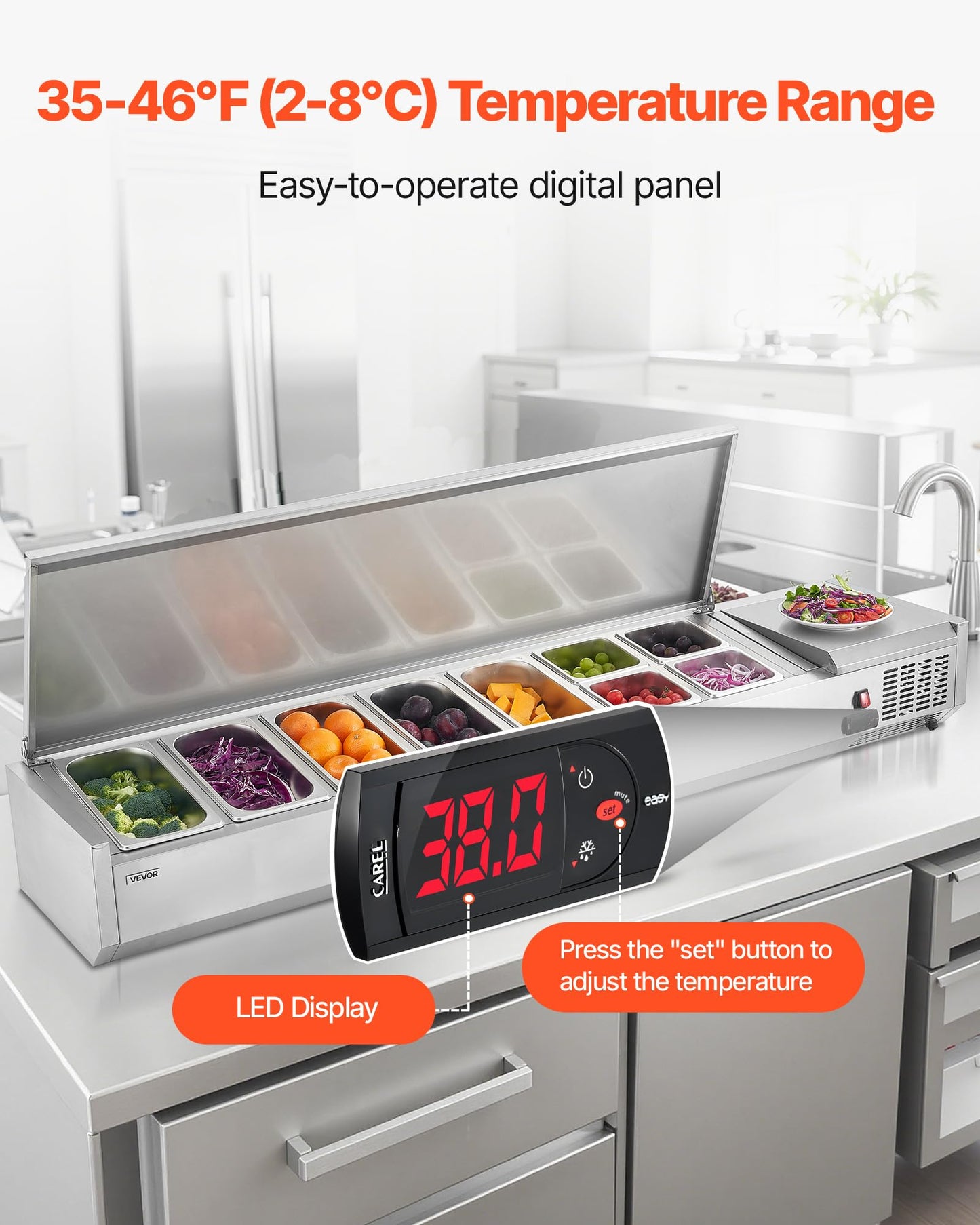 VEVOR Refrigerated Condiment Prep Station, 140 W Countertop Refrigerated Condiment Station, with Five 1/3 Pans & Four 1/6 Pans, 304 Stainless Body and PC Lid, Sandwich Prep Table with Stainless Guard