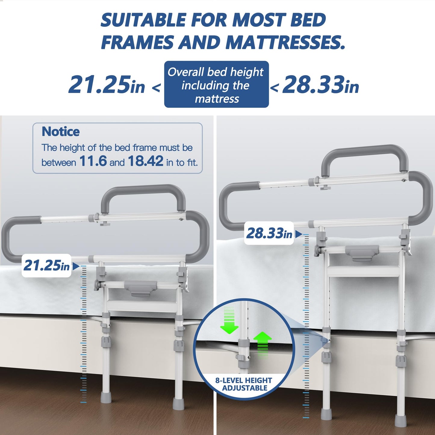 Lemagalu Heavy Duty Bed Rails for Elderly Adults Safety-Foldable Bed Rail for Senior with Adjustable Heights Fits All Bed Sizes，Bed Handle Bedside Assist with Pocket -504M (White and Gray)