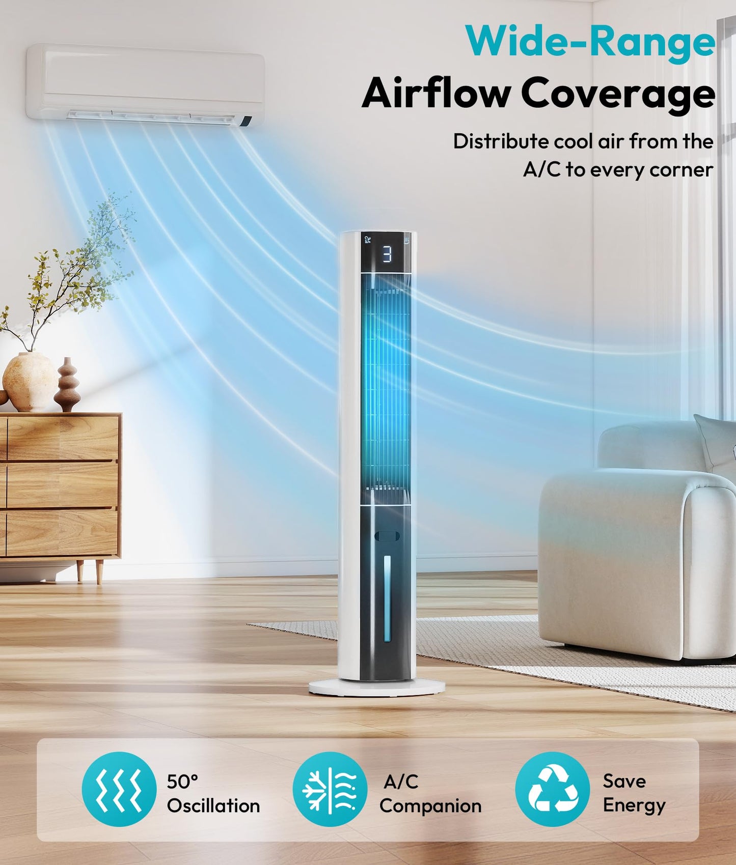 Rellytech Evaporative Air Cooler - Swamp Cooler with 3L Water Tank, 3 Modes & 3 Speeds, Remote Control, 12H Timer, 50° Oscillating Portable Bladeless Cooling Tower Fan For Room Bedroom Office