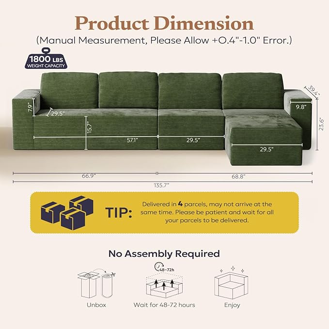 Furnify 136" Modular Sectional Sofa with L-Shape Chaise, Right/Left Facing Deep Seat Cloud Couch, No Assembly Required, Upholstered Couch for Living Room Bedroom (Green, Plush Corduroy Fabric)