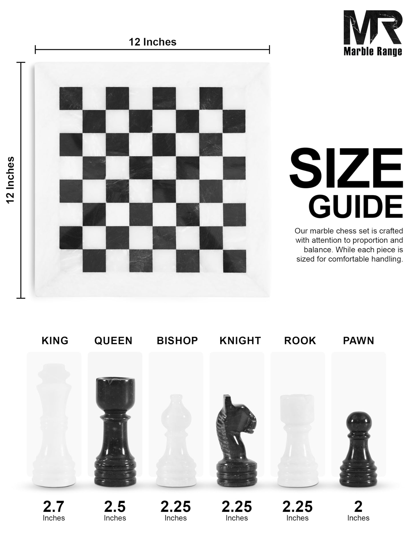 Marble Chess Set for Adults 12" Handmade White & Black Board Game with 32 Chess Pieces, 2 Extra Queens & Storage Box, Luxury Travel Game, Elegant for Home Decor