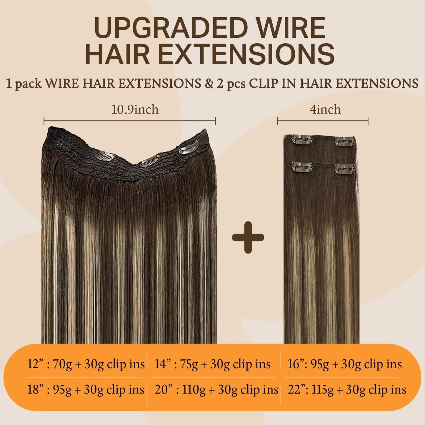 DOORES Wire Hair Extensions, Balayage Chocolate Brown to Honey Blonde 22 Inch 120g Fish Line Weft Extensions and 2pcs 30g Clip i