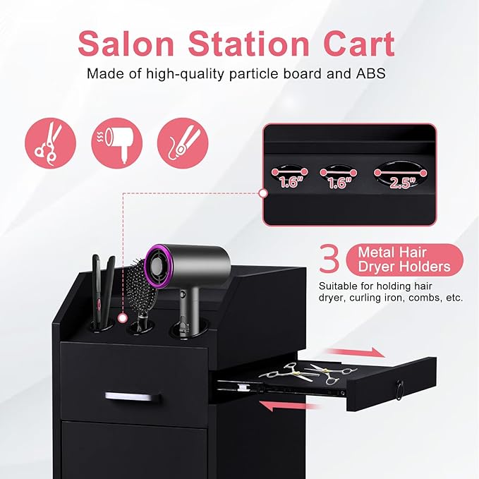 Winado Hair Salon Storage Cart with Wheels & 3 Hair Dryer Holders & 4 Drawers & Lock & 2 Keys, Hairdressing Tools Station Mobile Makeup Case, SPA Utility Trolley (Black)