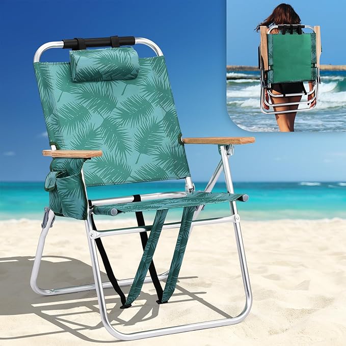 VINGLI Aluminum 17" Backpack Beach Chair – Tall Beach Chairs for Adults, Portable with Adjustable Straps, 3-Position Reclining, Cup Holder, High Lightweight Beach Chairs for Beach