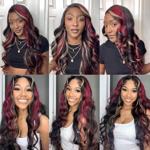 abgese Red Blonde Highlight Wig Human Hair Body Wave Lace Front Wigs Human Hair Pre Plucked 180% Density Blonde Red Highlights 13X4 Transparent Glueless Colored Wig Human Hair for Women 16 Inch
