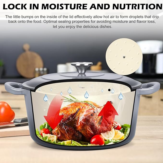 TeamFar Enameled Cast Iron Dutch Oven, 6QT Nonstick Dutch Oven Pot with Lid & Dual Handles for Bread Baking Cooking Braising Simmer Roasting, Non Toxic & Heavy Duty, Multi Stoves & Oven Safe - Gray