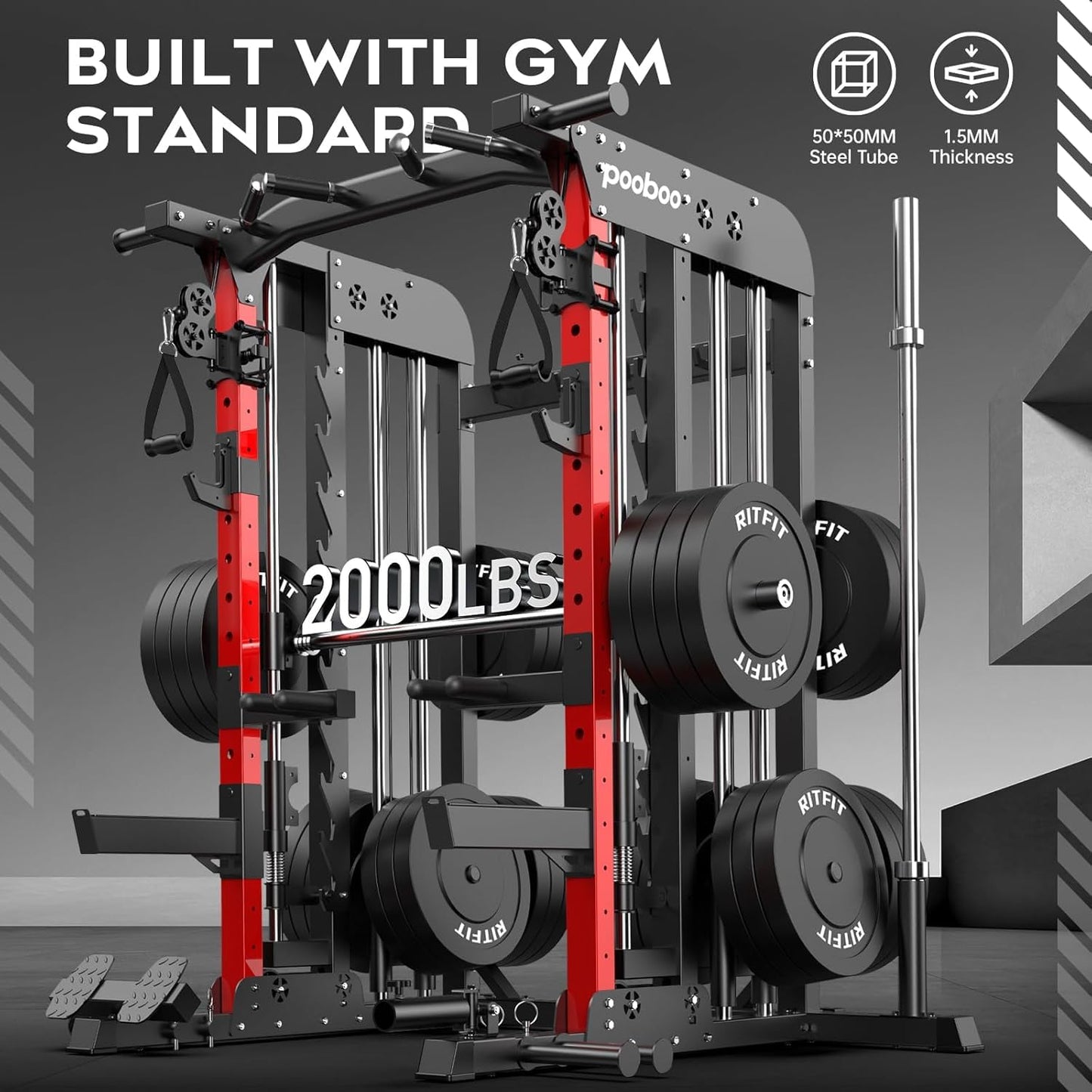 pooboo Multi-Functional Machine Power Cage, 2000LB Squat Rack, LAT-Pull Down System, Dual Pulley Cable Crossover System, Home Gym Workout Machine with Strength Training Attachments (P43 Pro Max)