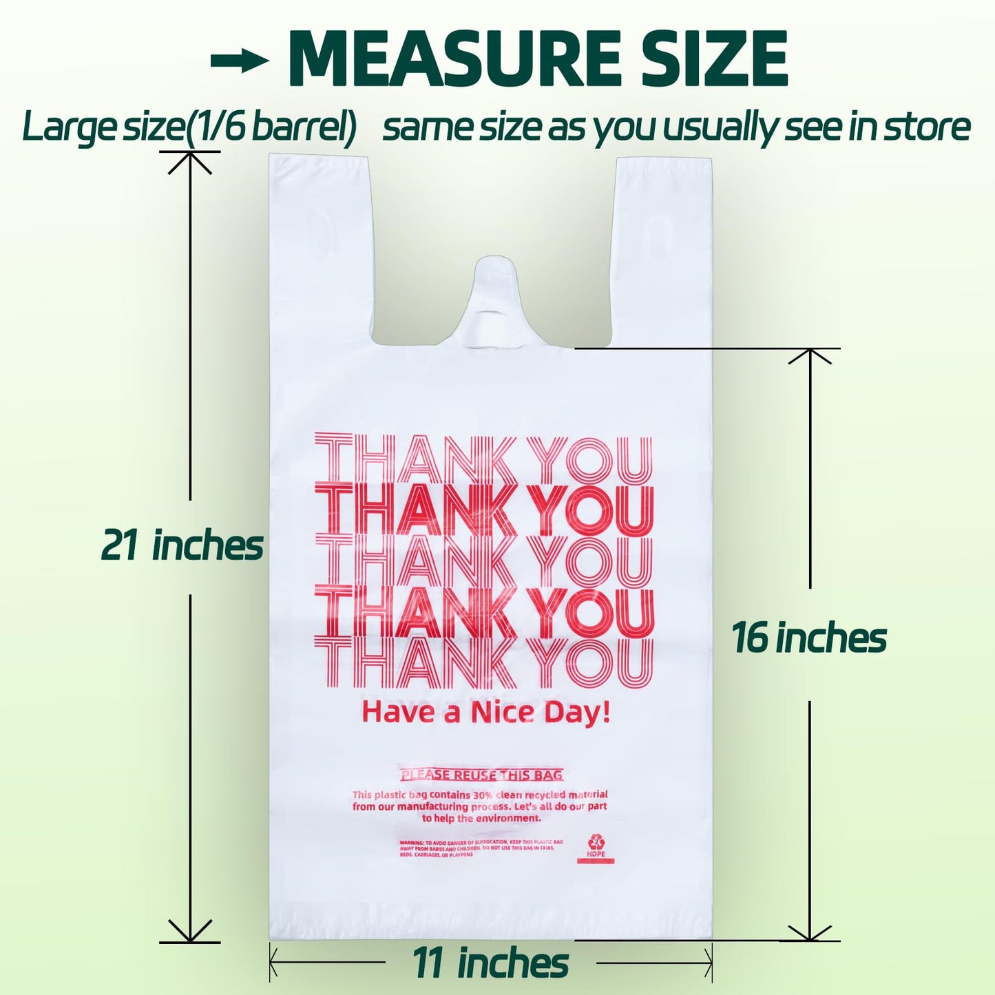 YovhVon 1050 Count Plastic Bags with Handles, T-Shirt bags, Thank You bags, Grocery bag, Shopping bag, |for Store, Supermarket, Retail, Carry, Pack|, White, 1/6 Barrel, Large Size 11"x6"x21"